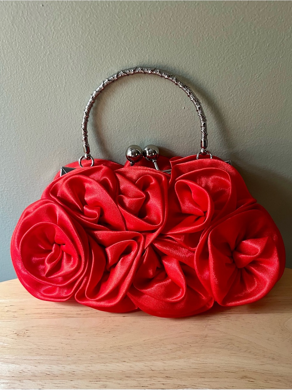 Elegant Red Satin Rosette Evening Bag